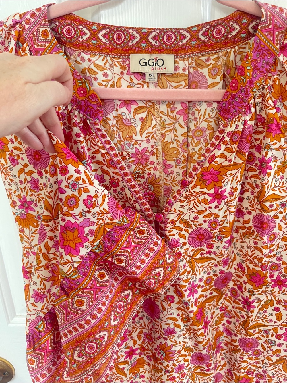 GiGio Size 1X Chiffon Oversized Plus Maxi Dress Boho Maximalist Orange Pink - Picture 3 of 7